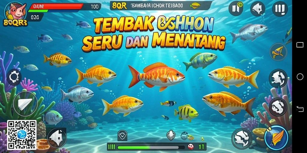 Screenshot gameplay 8QR menunjukkan aksi menembak ikan yang seru.