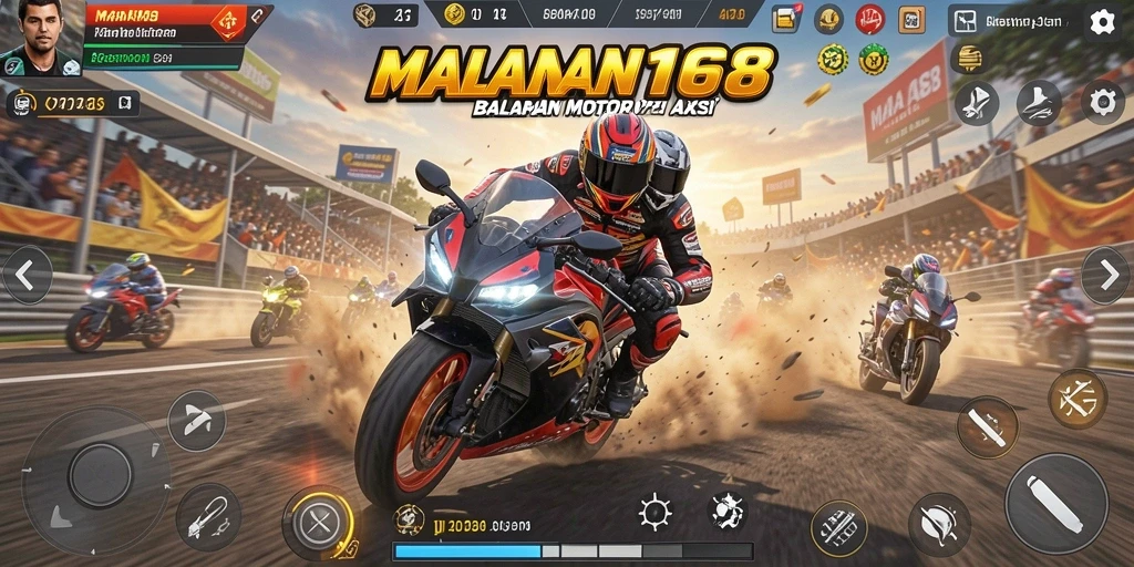 Screenshot gameplay MAHA168 menampilkan aksi balapan motor yang mendebarkan.