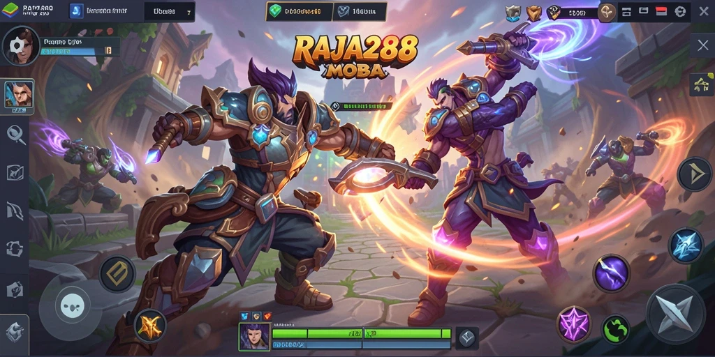 Tangkapan layar menunjukkan aksi pertarungan MOBA yang seru di RAJA288.