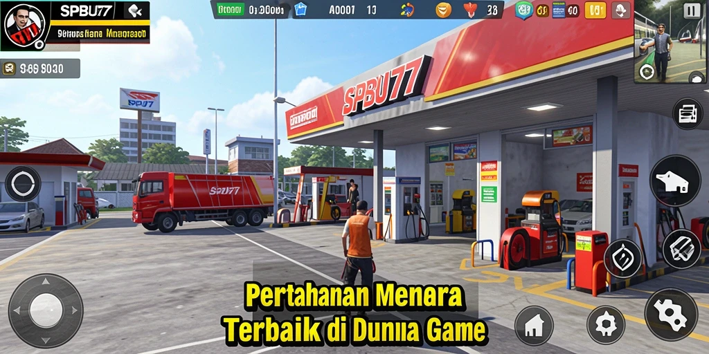 Tampilan gameplay SPBU77 dengan menara yang beragam dan serangan musuh.
